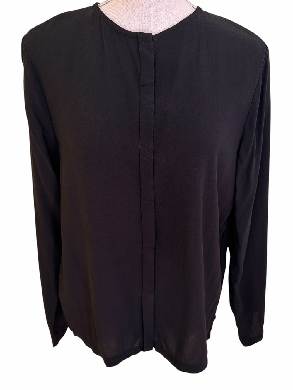 Eileen Fisher Black Silk Long Sleeve Button-Front Blouse XS